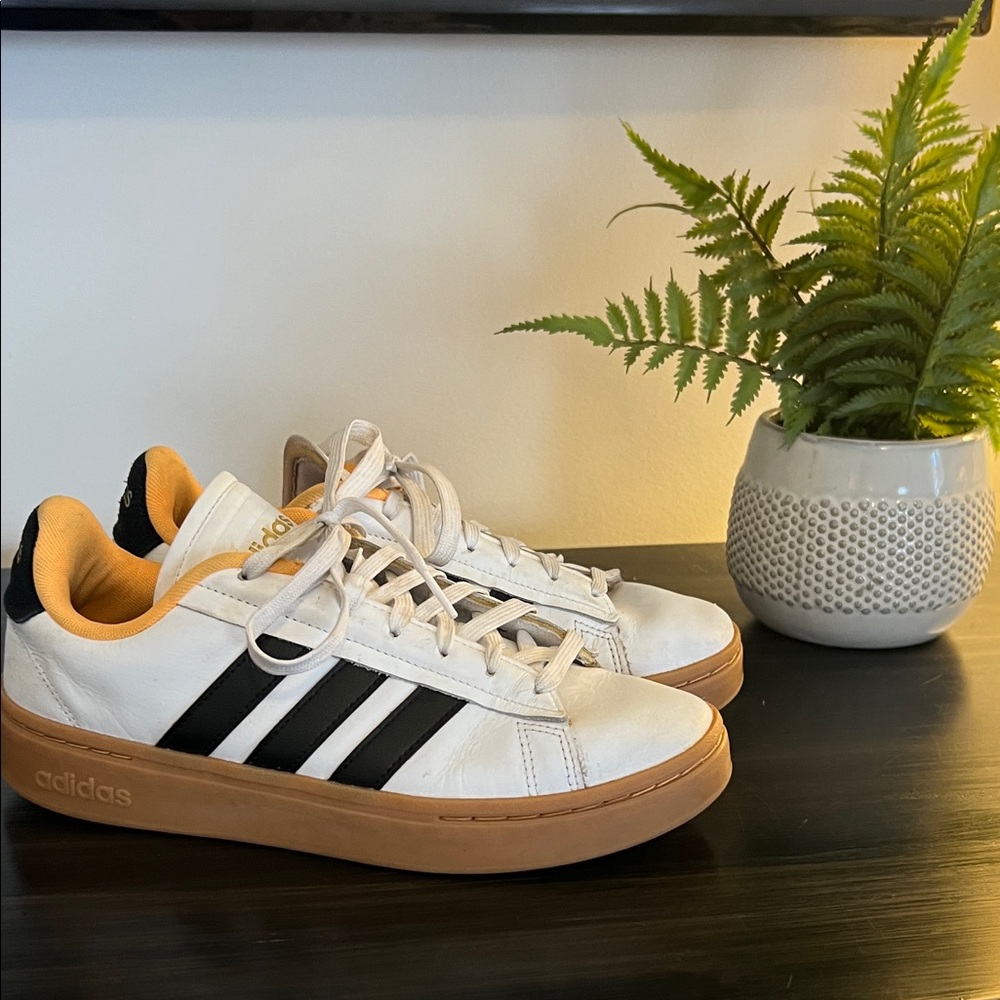Adidas Men's White and Black Leather Sneakers with Tan Sole